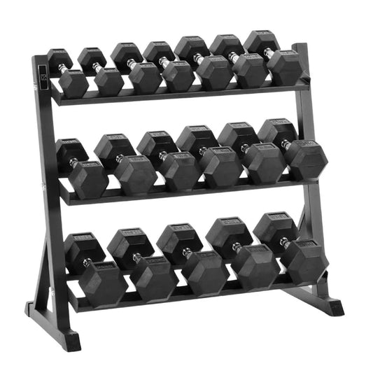 Complete Hex Dumbbell Set with 3-Layer Storage Rack | Rubber-Coated Weights 2.5kg-30kg | Premium Strength Training Equipment for Home and Commercial Gyms