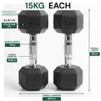 Two black dumbbells labeled '15KG' with dimensions displayed on a white background.