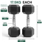 Two black dumbbells with measurement details on a white background