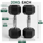 Pair of black hexagonal dumbbells with measurement details on a white background