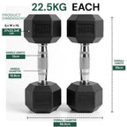 Two black dumbbells with measurement details on a white background