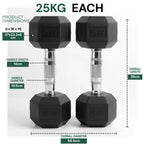 Two black dumbbells with measurement details on a white background