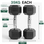 Two 35KG dumbbells with dimensions and specifications on a white background