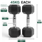 Two black dumbbells with measurement details on a white background