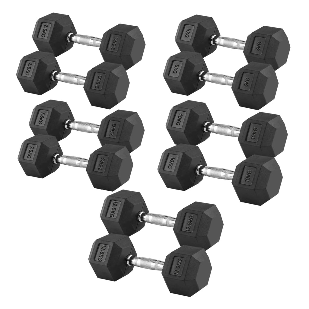 Set of black hexagonal dumbbells on a white background