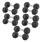 Set of black hexagonal dumbbells on a white background