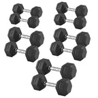 Set of black hexagonal dumbbells with weight markings on a white background