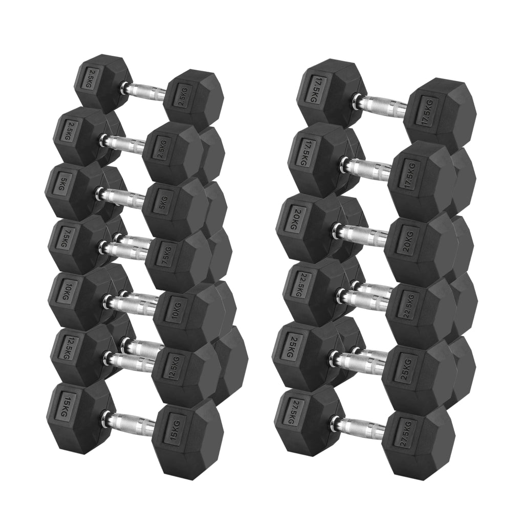 Set of black hexagonal dumbbells on a white background