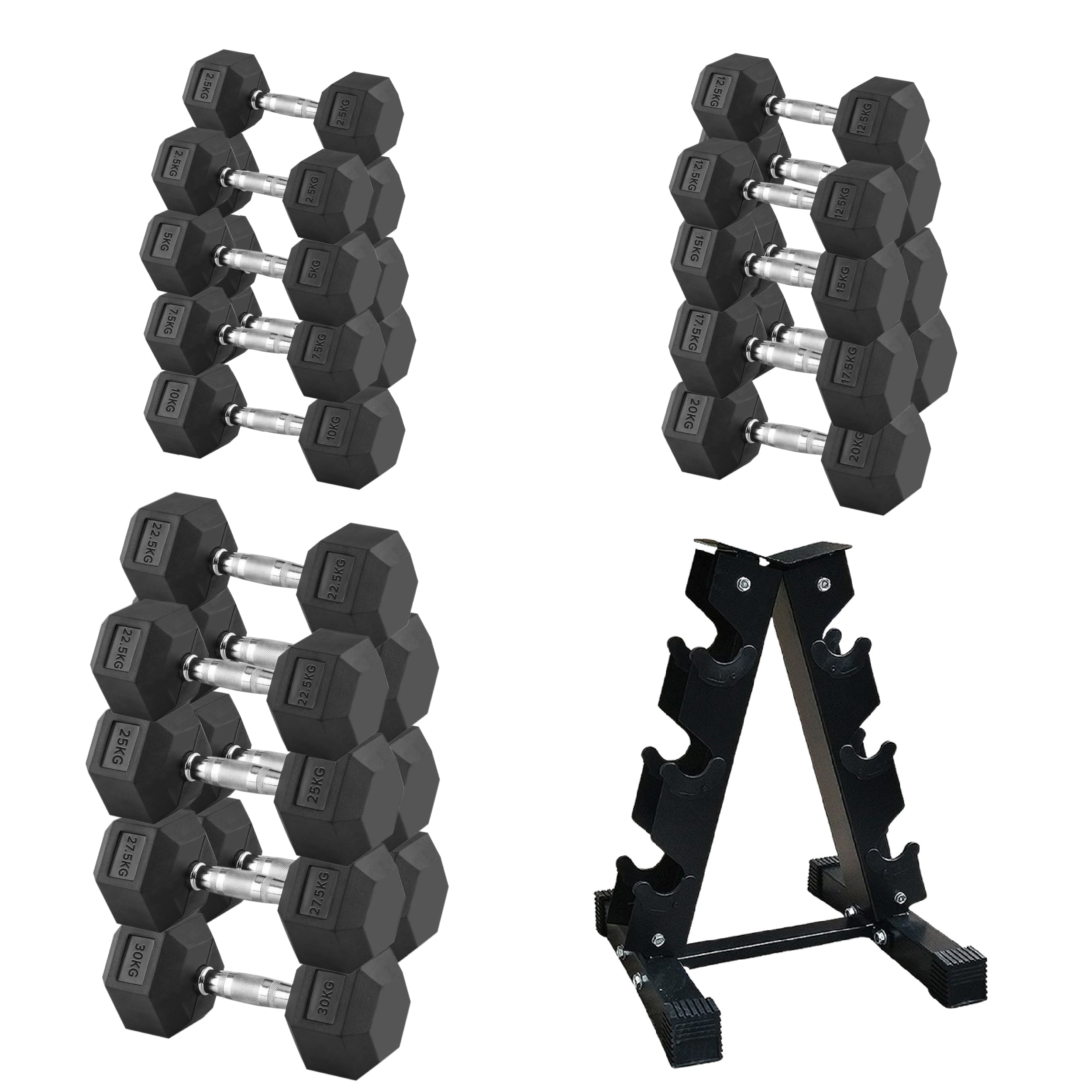 Premium Rubber-Coated Hex Dumbbells 2.5–30kg with A3 Rack for Training