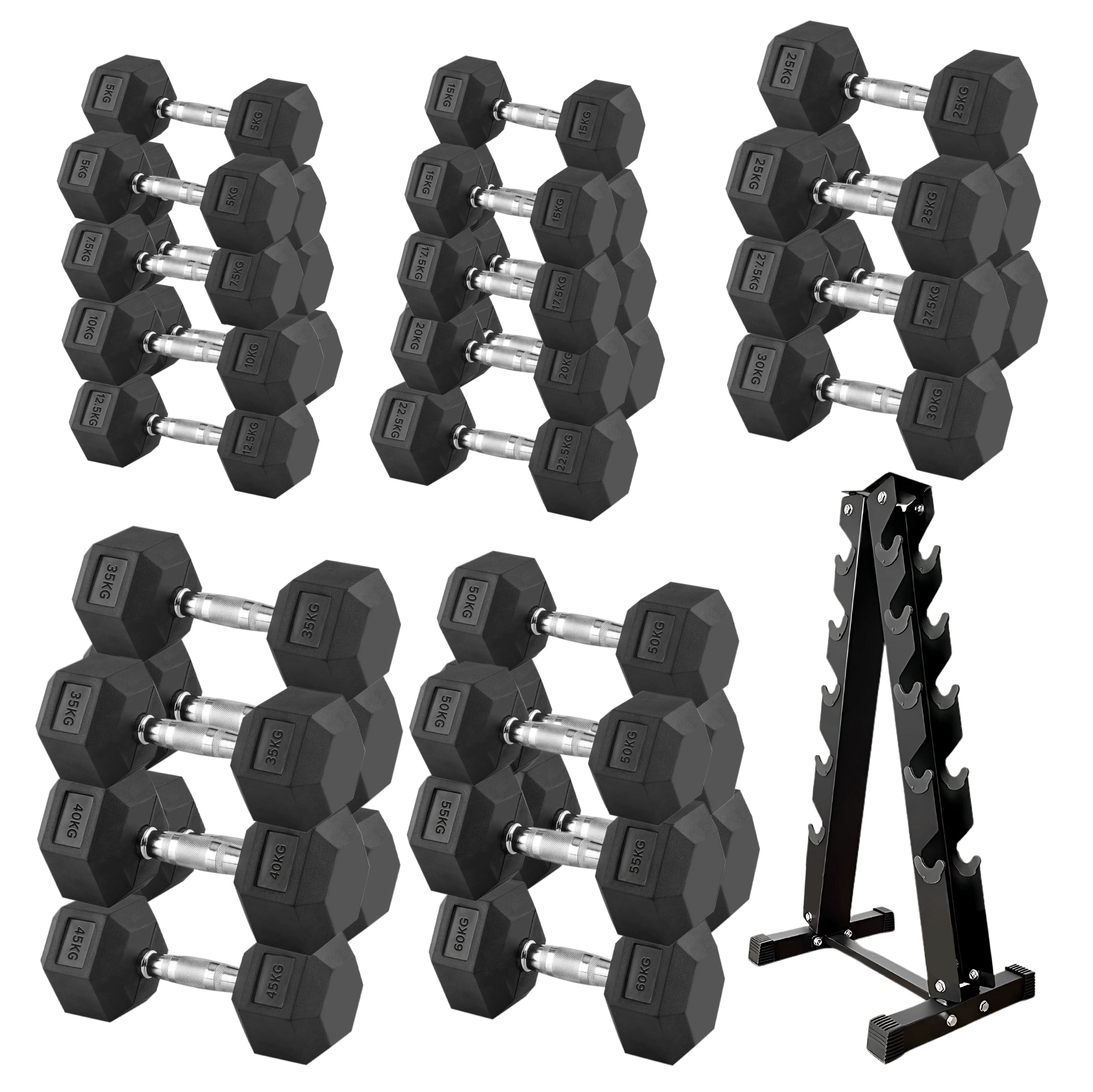 Premium Rubber-Coated Hex Dumbbells 5–60kg with A5 Rack for Training