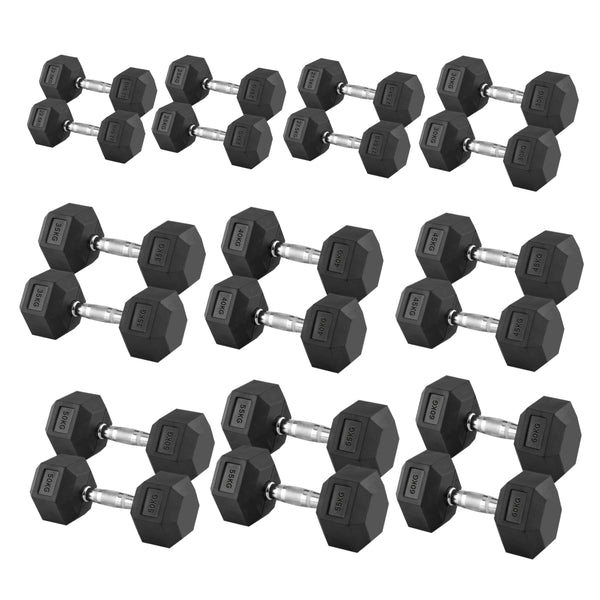 Set of hexagonal dumbbells on a white background