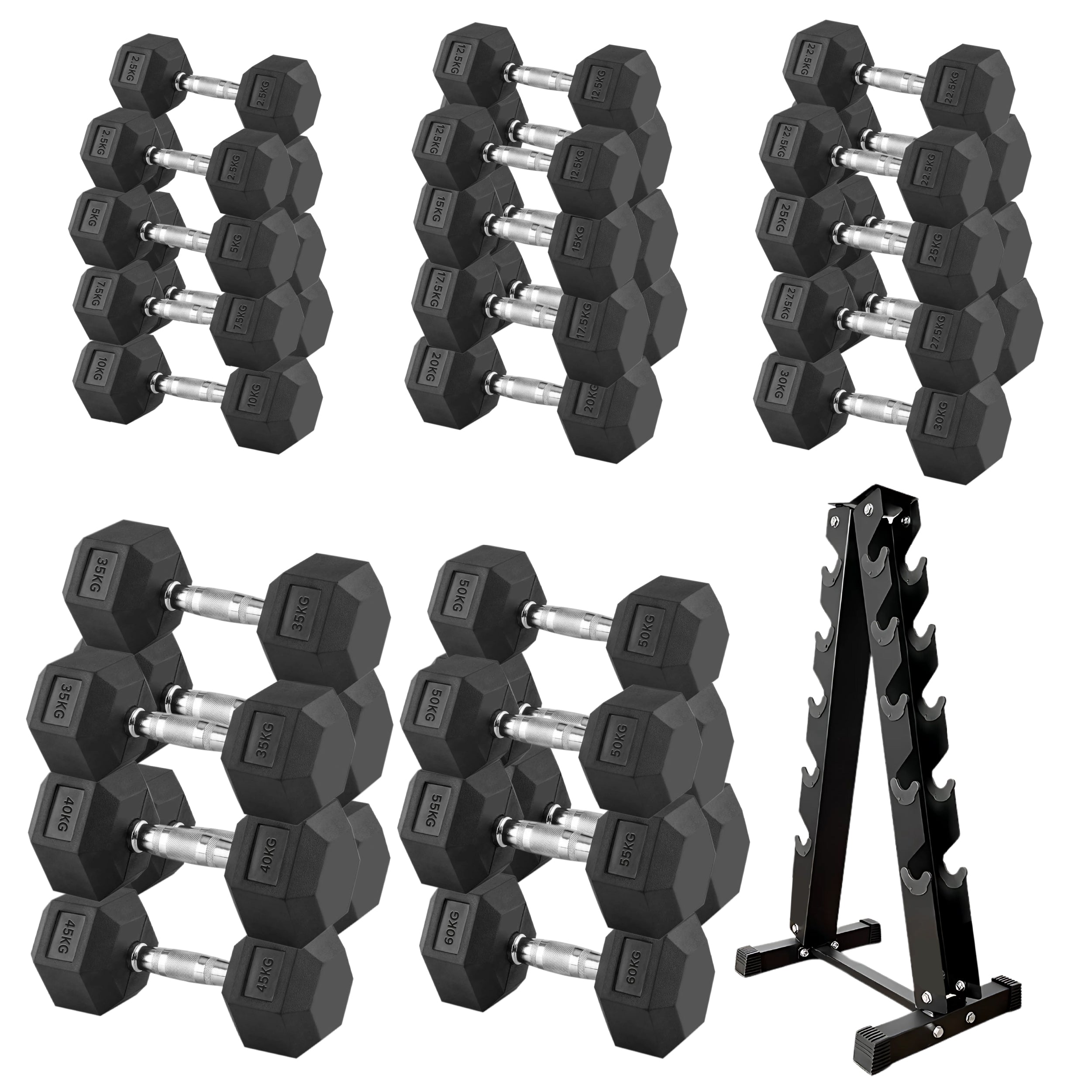 Premium Rubber-Coated Hex Dumbbells 2.5–60kg with A5 Rack for Training