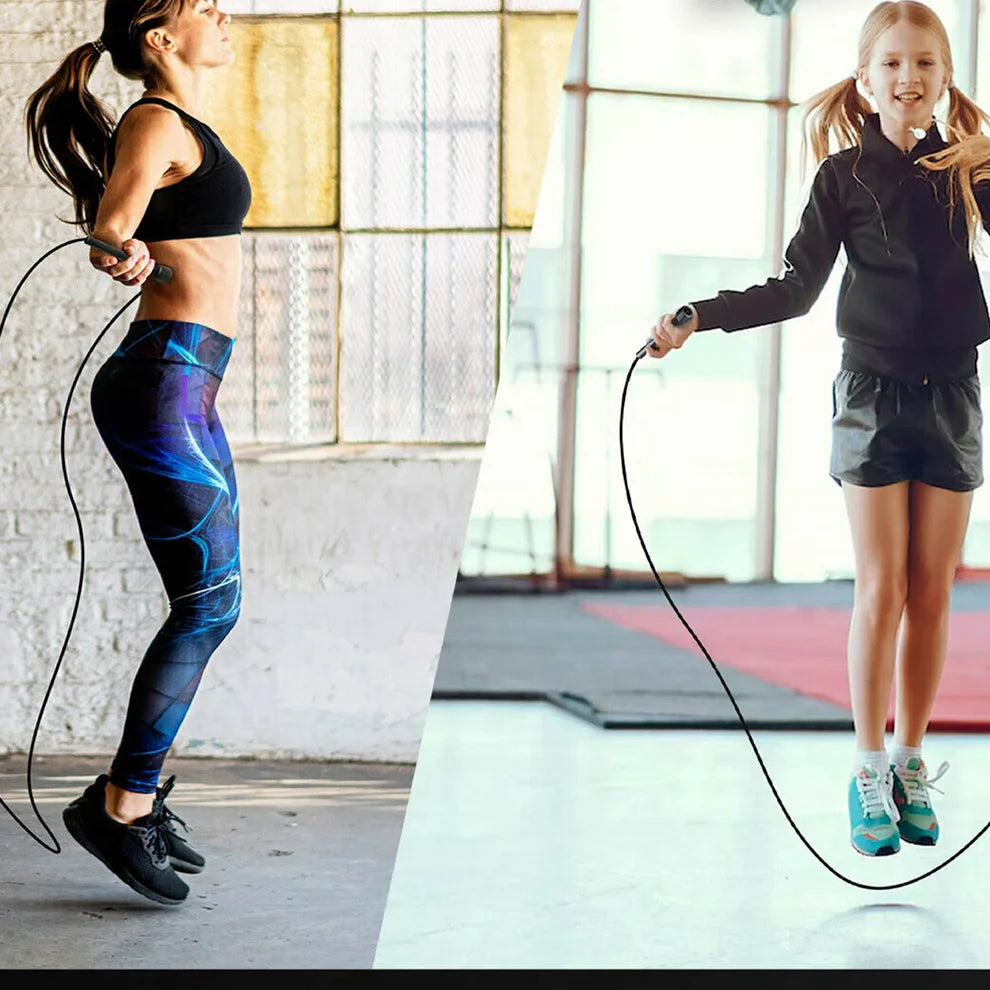 Two people jumping rope, one in a gym setting and the other in a bright room.