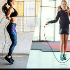 Two people jumping rope, one in a gym setting and the other in a bright room.