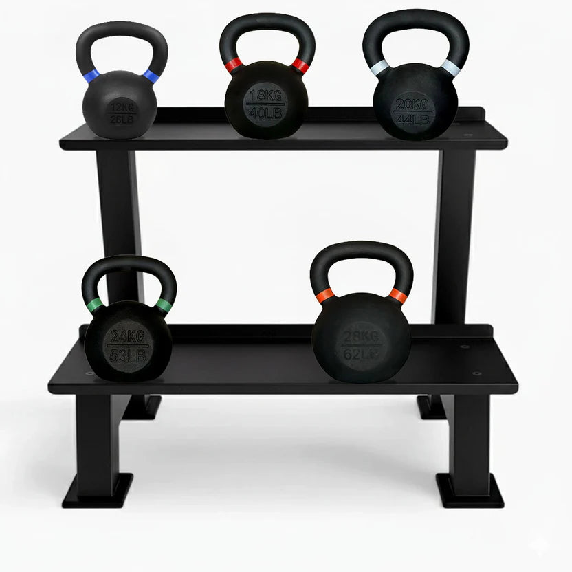 Black kettlebell rack with five kettlebells on a white background