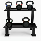 Black kettlebell rack with five kettlebells on a white background