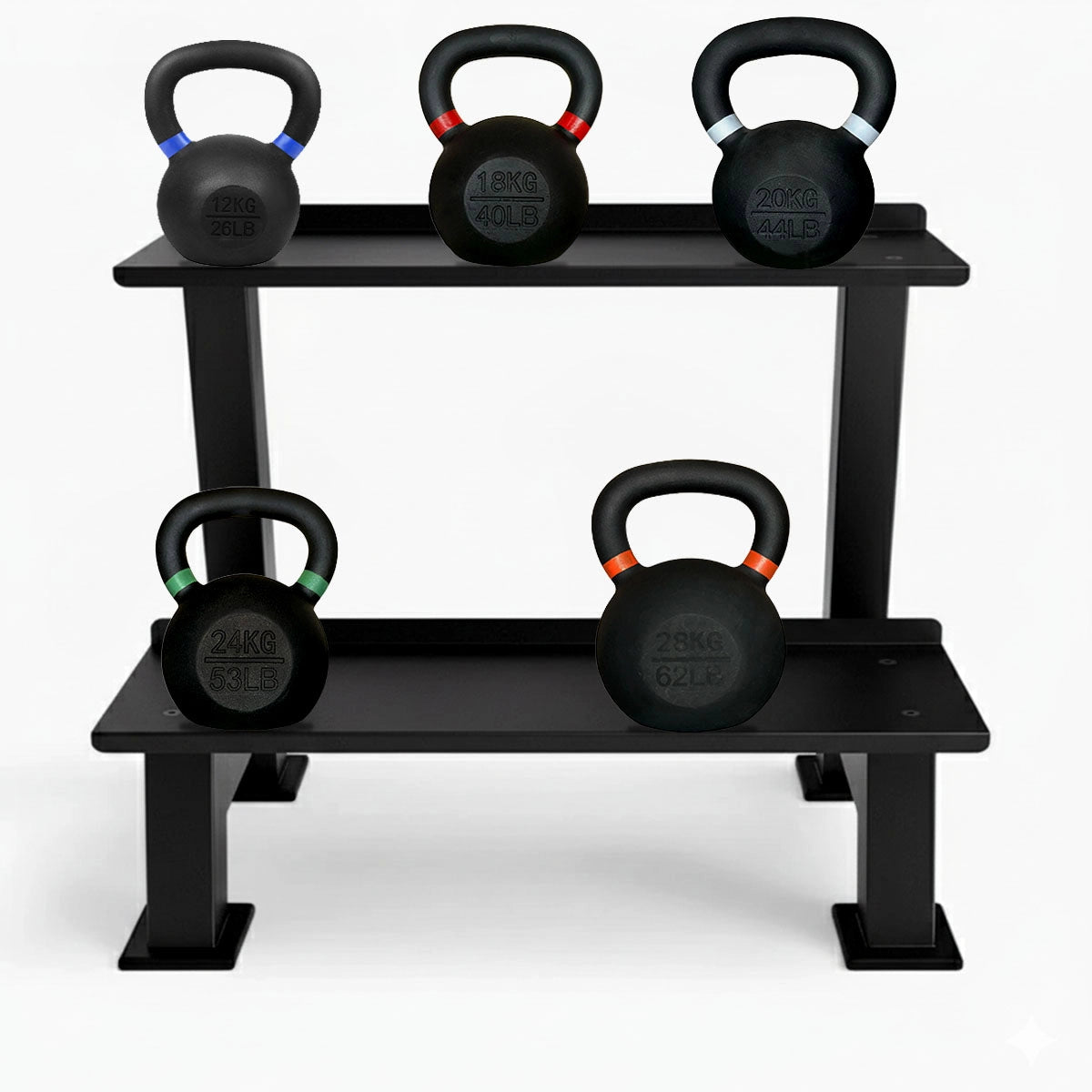 Black kettlebell rack with five kettlebells on a white background