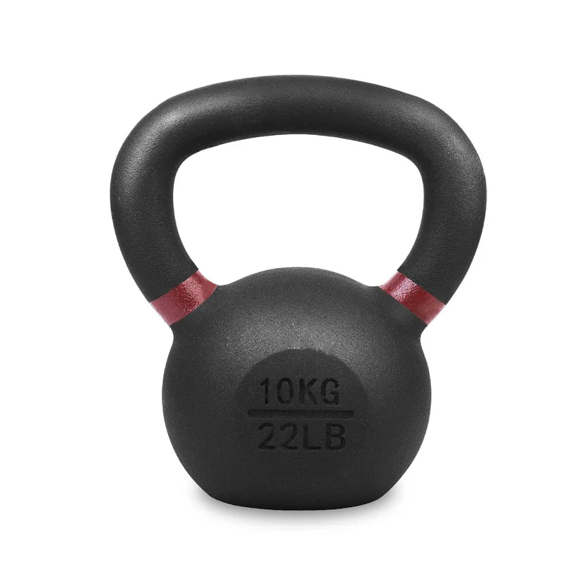Black kettlebell with red accents and weight markings on a white background