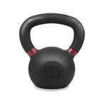 Black kettlebell with red accents and weight markings on a white background