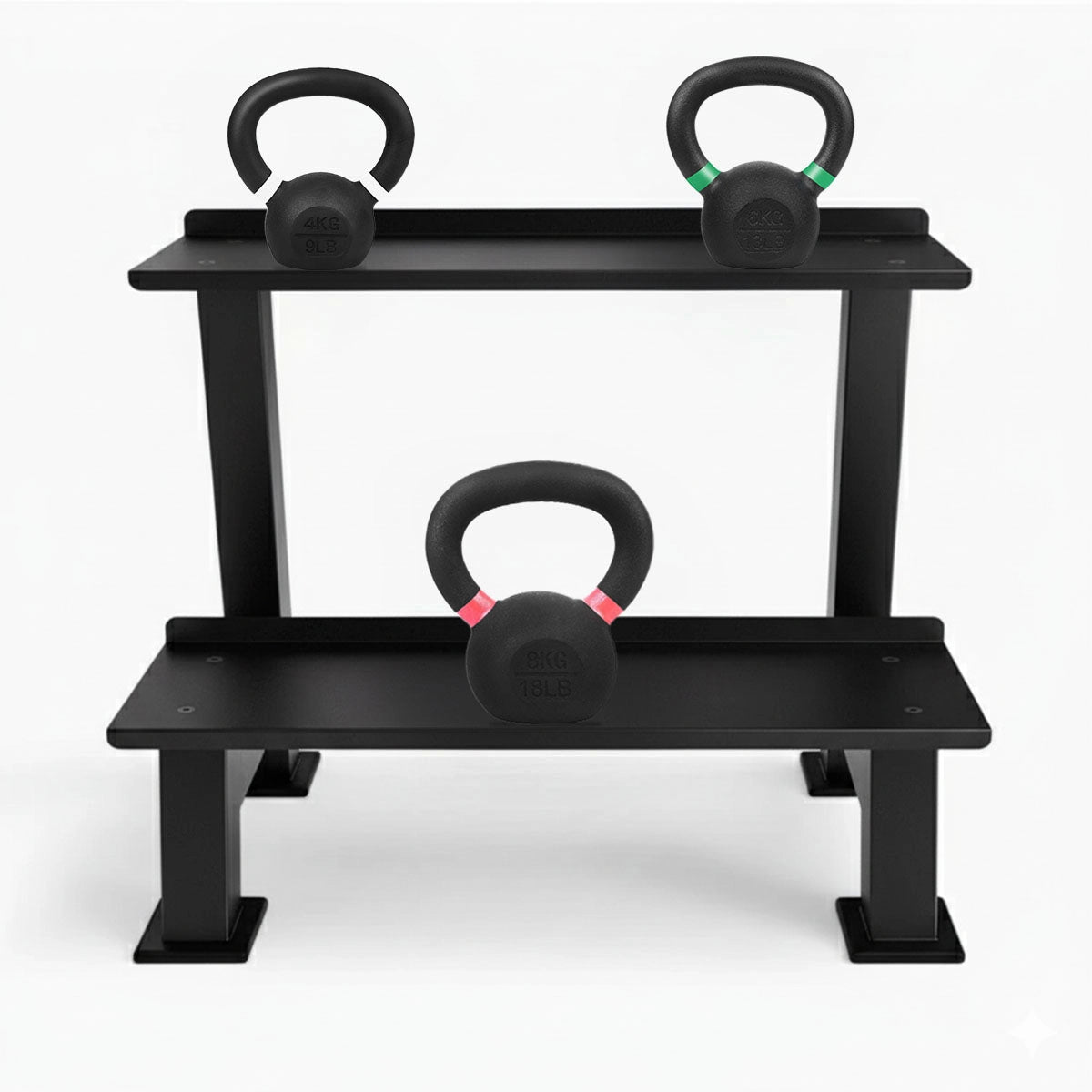 Black weight rack with three kettlebells on a white background