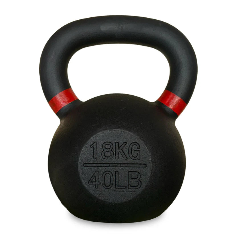 Black kettlebell with red accents and weight marking on a white background