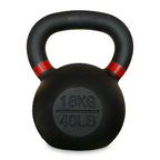 Black kettlebell with red accents and weight marking on a white background