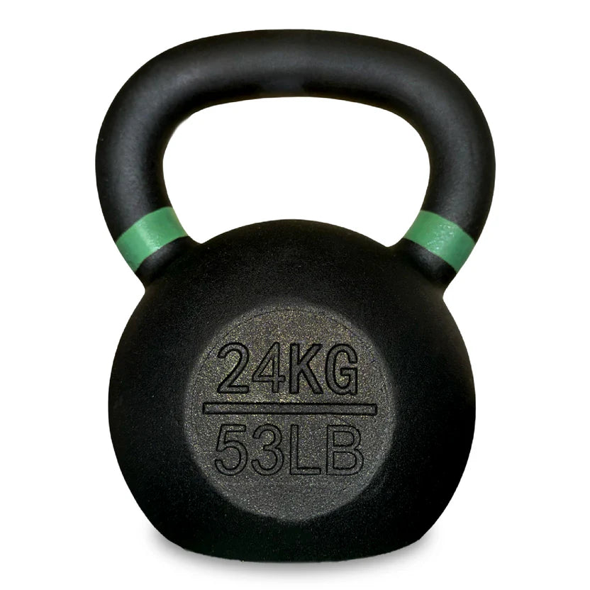 Black kettlebell with green accents and weight marking on a white background