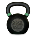 Black kettlebell with green accents and weight marking on a white background