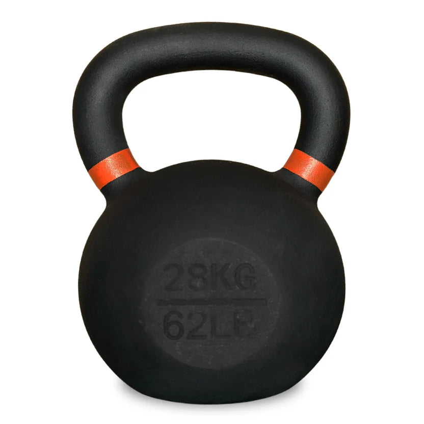 Black kettlebell with orange accents on a white background