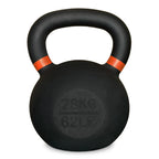 Black kettlebell with orange accents on a white background