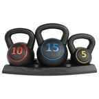 Set of three black kettlebells with numbered color-coded labels on a white background