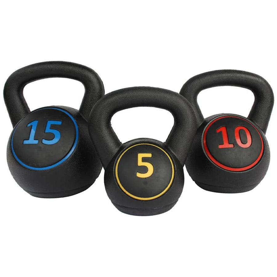 Three black kettlebells with weight markings on a white background