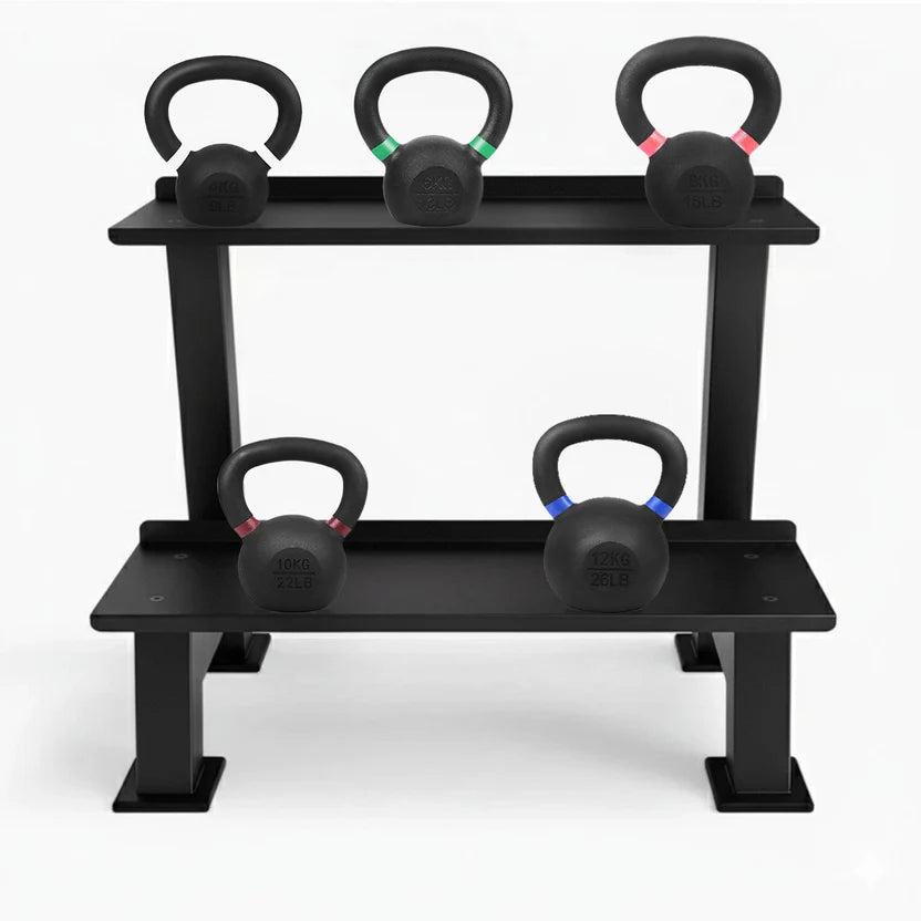 Black kettlebell rack with five kettlebells on a white background