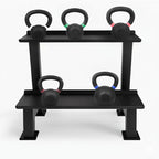 Black kettlebell rack with five kettlebells on a white background