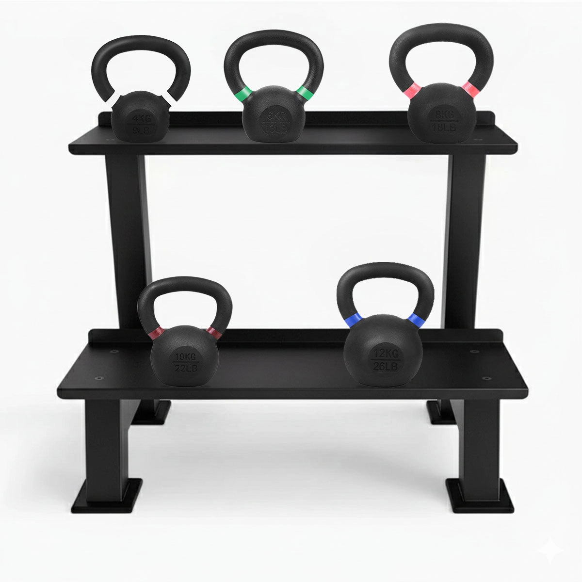 Black kettlebell rack with five kettlebells on a white background