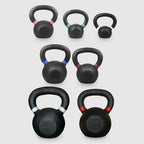 Set of black kettlebells with different weights on a white background
