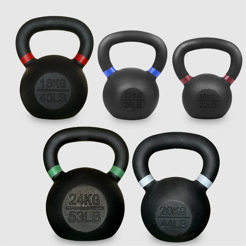 Set of five black kettlebells with labeled weights on a light gray background