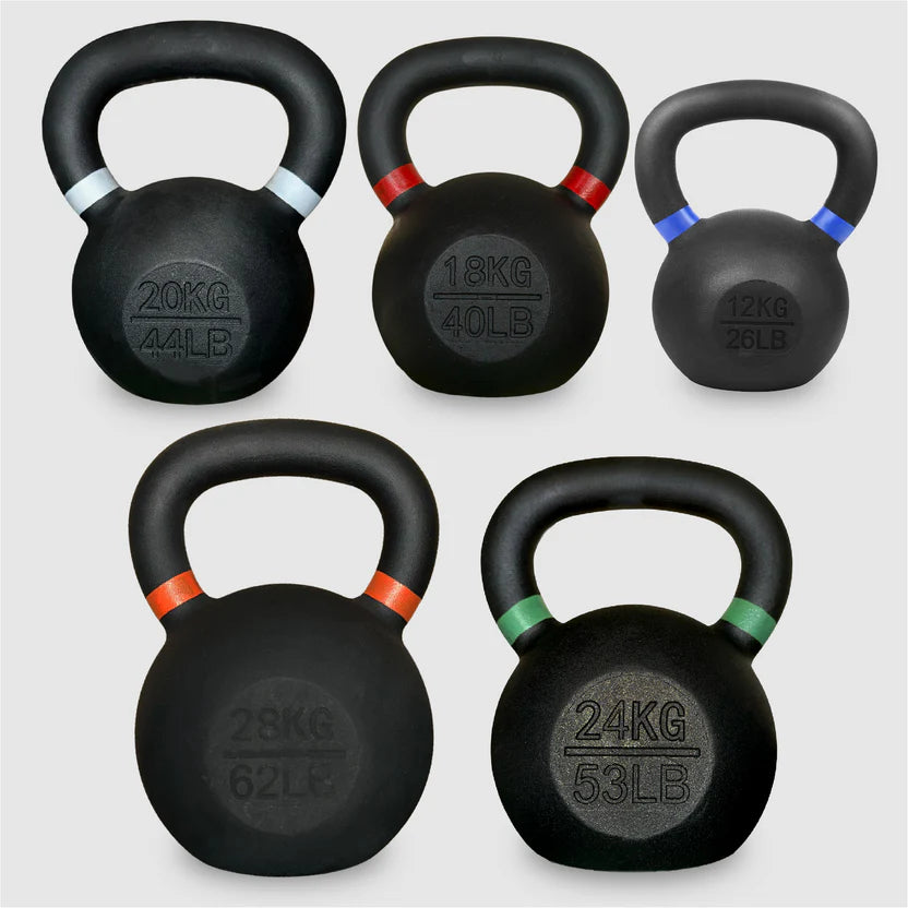 Set of five black kettlebells with labeled weights on a light gray background