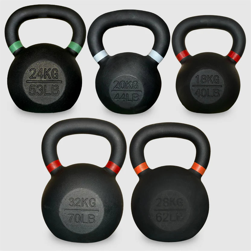 Set of five black kettlebells with labeled weights on a white background