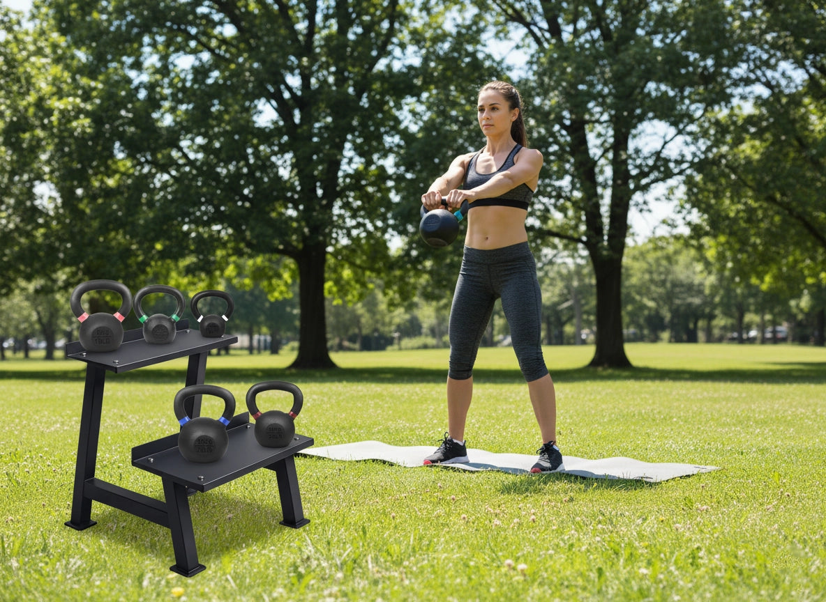 Heavy-Duty 2-Tier Steel Kettlebell & Dumbbell Storage Rack for Home & Commercial Gym
