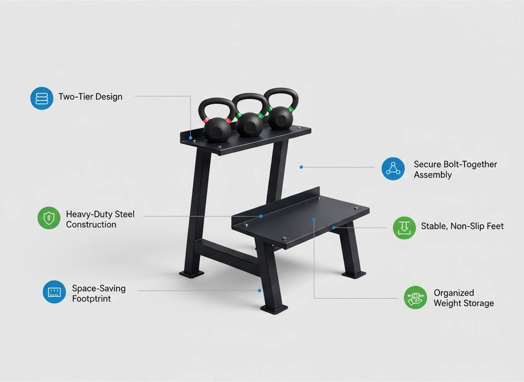 Heavy-Duty 2-Tier Steel Kettlebell & Dumbbell Storage Rack for Home & Commercial Gym