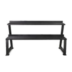 Black metal bench with two shelves on a white background