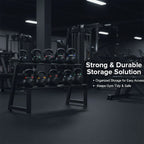 Kettlebell storage rack in a gym with text highlighting features