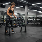 Woman using a quick access kettlebell rack in a gym setting