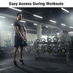 Man holding a kettlebell with a rack of kettlebells in a gym setting