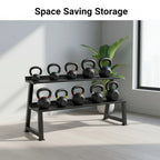 Kettlebell storage rack with kettlebells in a room with a plant and window.