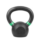 Black kettlebell with green accents on a white background
