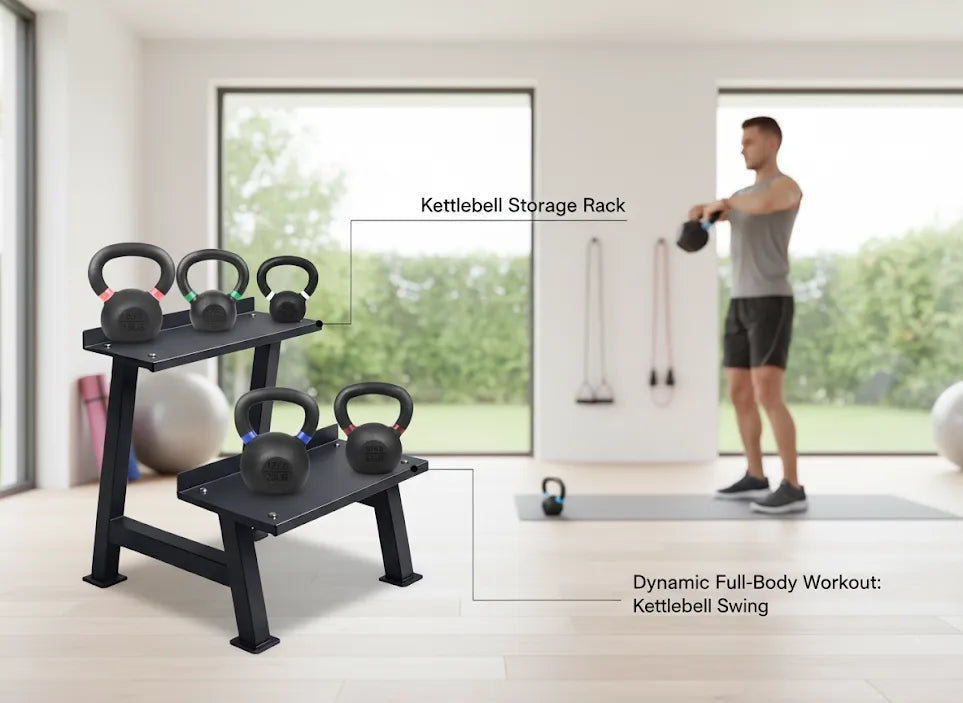 Kettlebell storage rack with kettlebells and a person performing a kettlebell swing in a home gym setting.