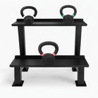 Black weight rack with three kettlebells on a white background