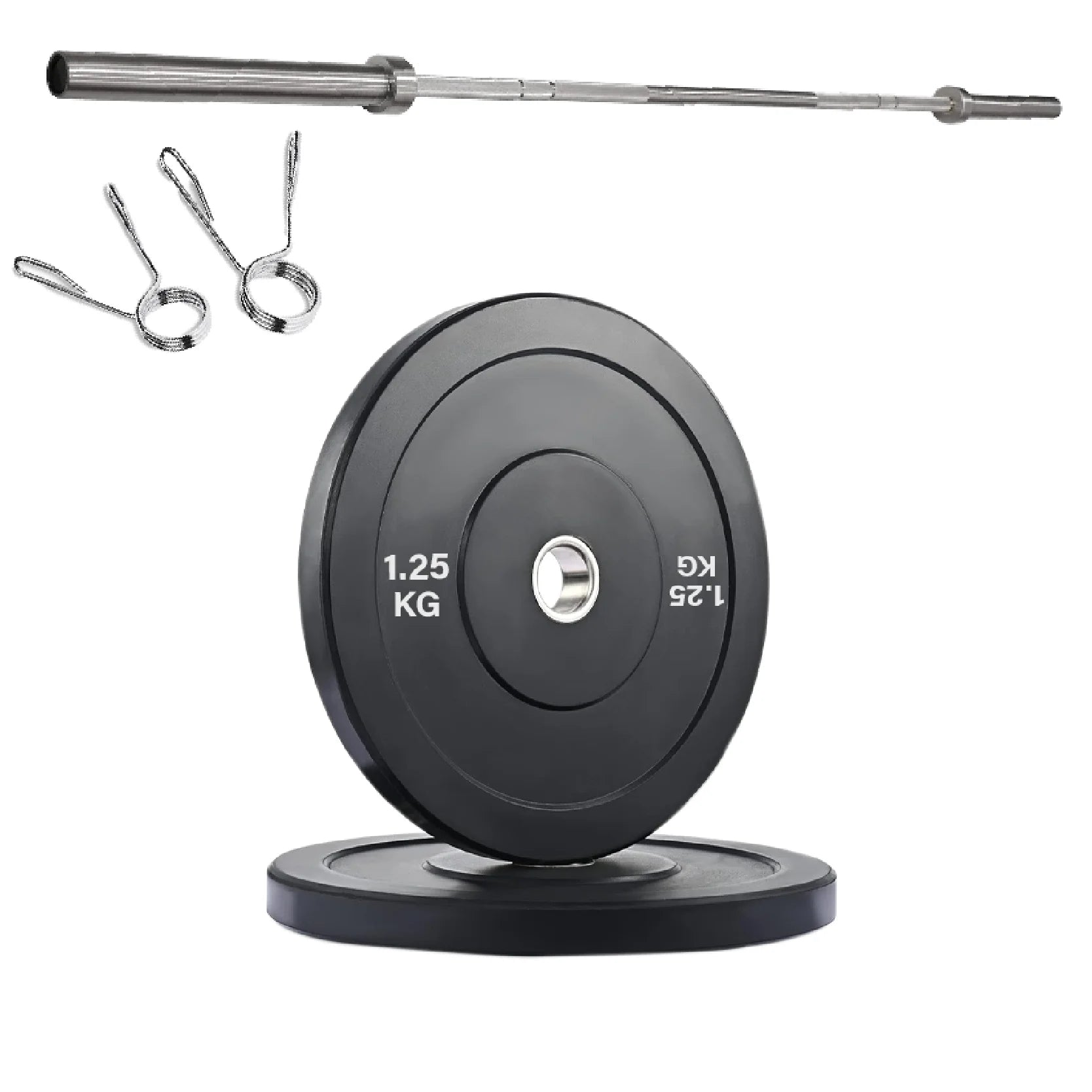 Barbell with weight plates and accessories on a white background